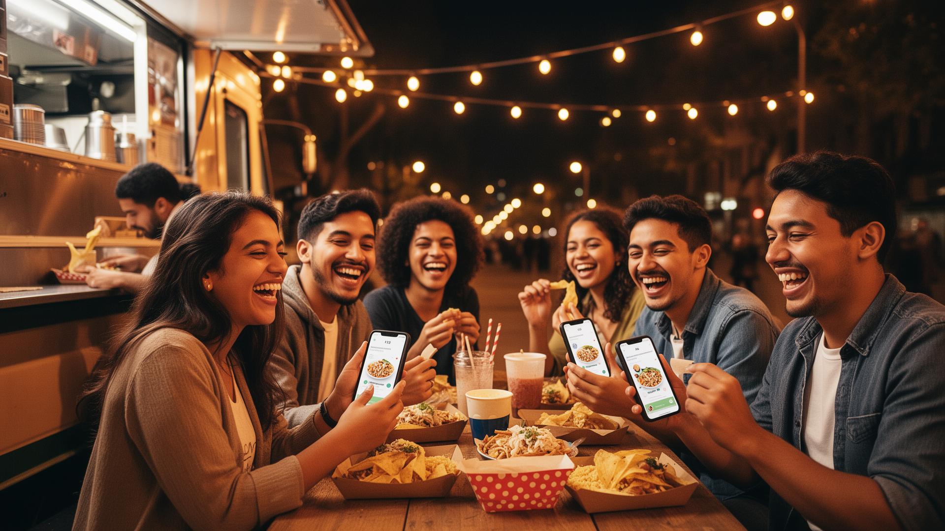Grupo de amigos comiendo y usando KitchHero en sus celulares
