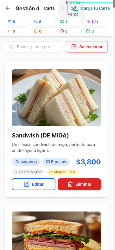 Menú digital KitchHero mostrando platos con fotos generadas por IA y precios