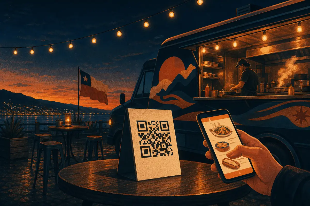 Food truck de noche: un cliente escanea con el celular el QR de la mesa y ve la carta