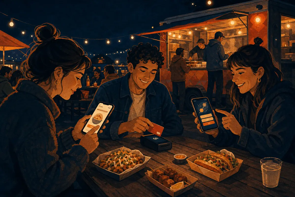 Amigos en una feria de noche: uno pide, otro paga y otro juega desde el celular