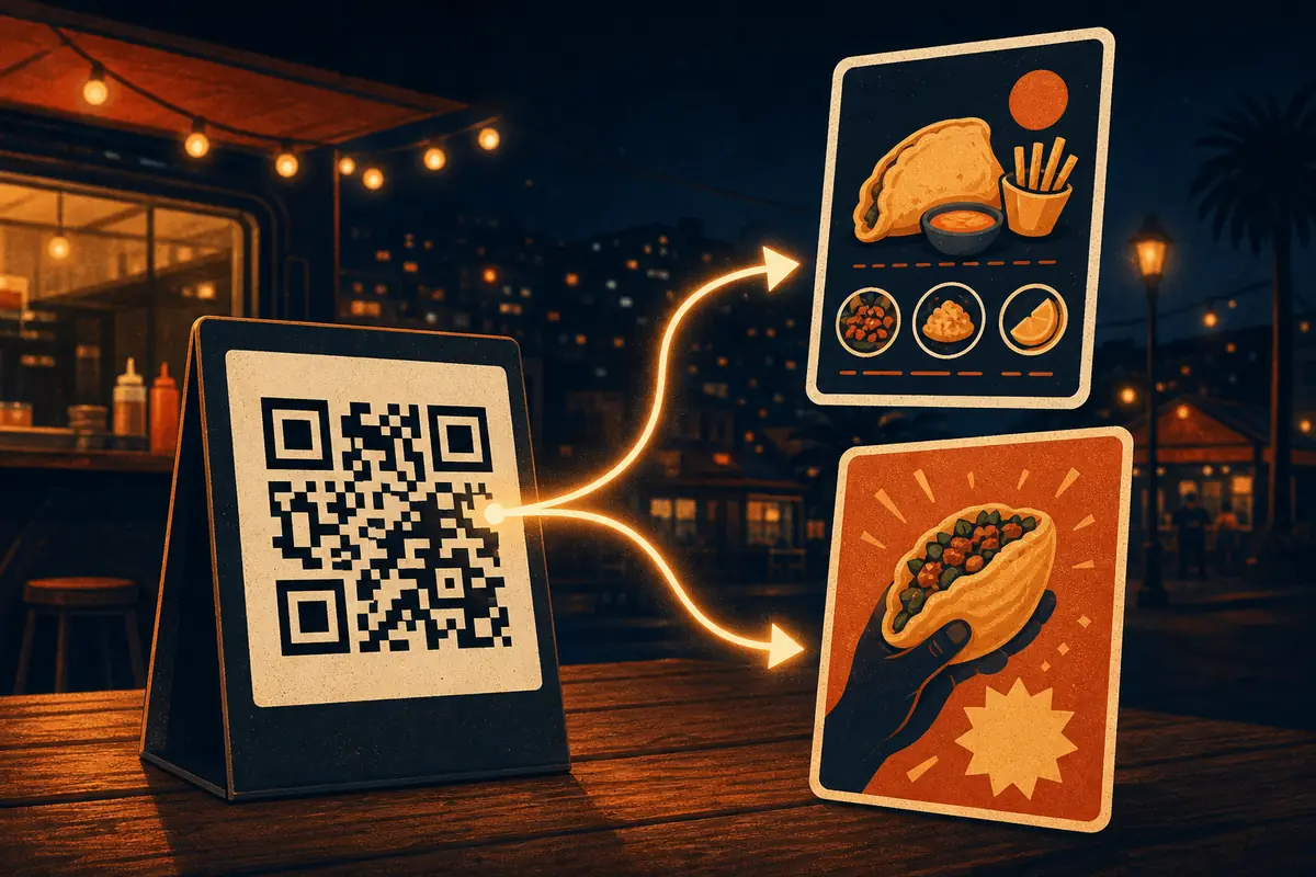 Un QR impreso del que salen dos flechas hacia dos cartas distintas