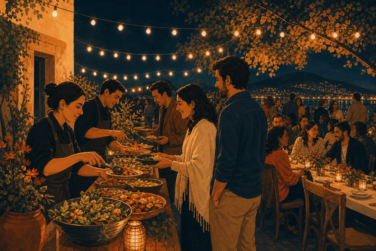 Un evento al aire libre de noche con mesas largas y un buffet atendido por el equipo de banquetería