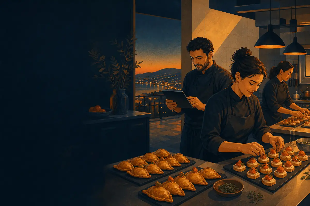 Un equipo de banquetería prepara bandejas de empanadas de cóctel mientras uno revisa costos en una tableta