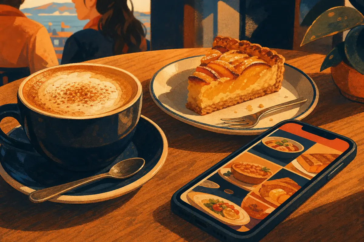 Un capuchino, un trozo de kuchen y un celular con la carta digital sobre una mesa de madera