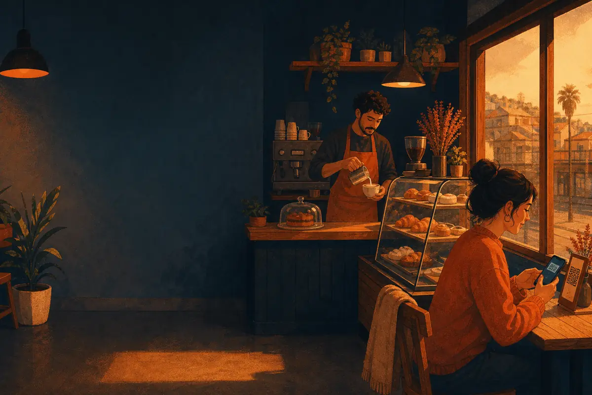 Una cafetería de barrio al atardecer: la barista prepara un café y una clienta pide desde el QR de su mesa
