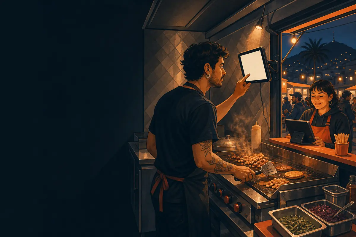Dentro de un food truck de noche, el cocinero lee las comandas en una tableta sobre la plancha