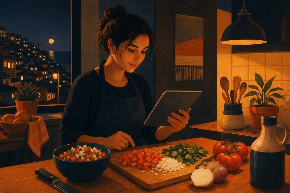 Una cocinera sigue una receta paso a paso en una tableta junto a los ingredientes del pebre