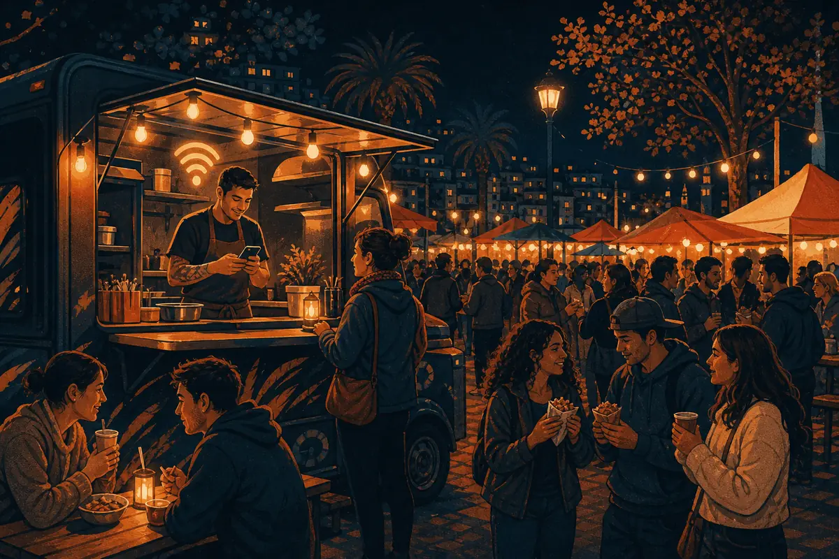 Un food truck en una feria de noche funcionando solo con los datos del celular