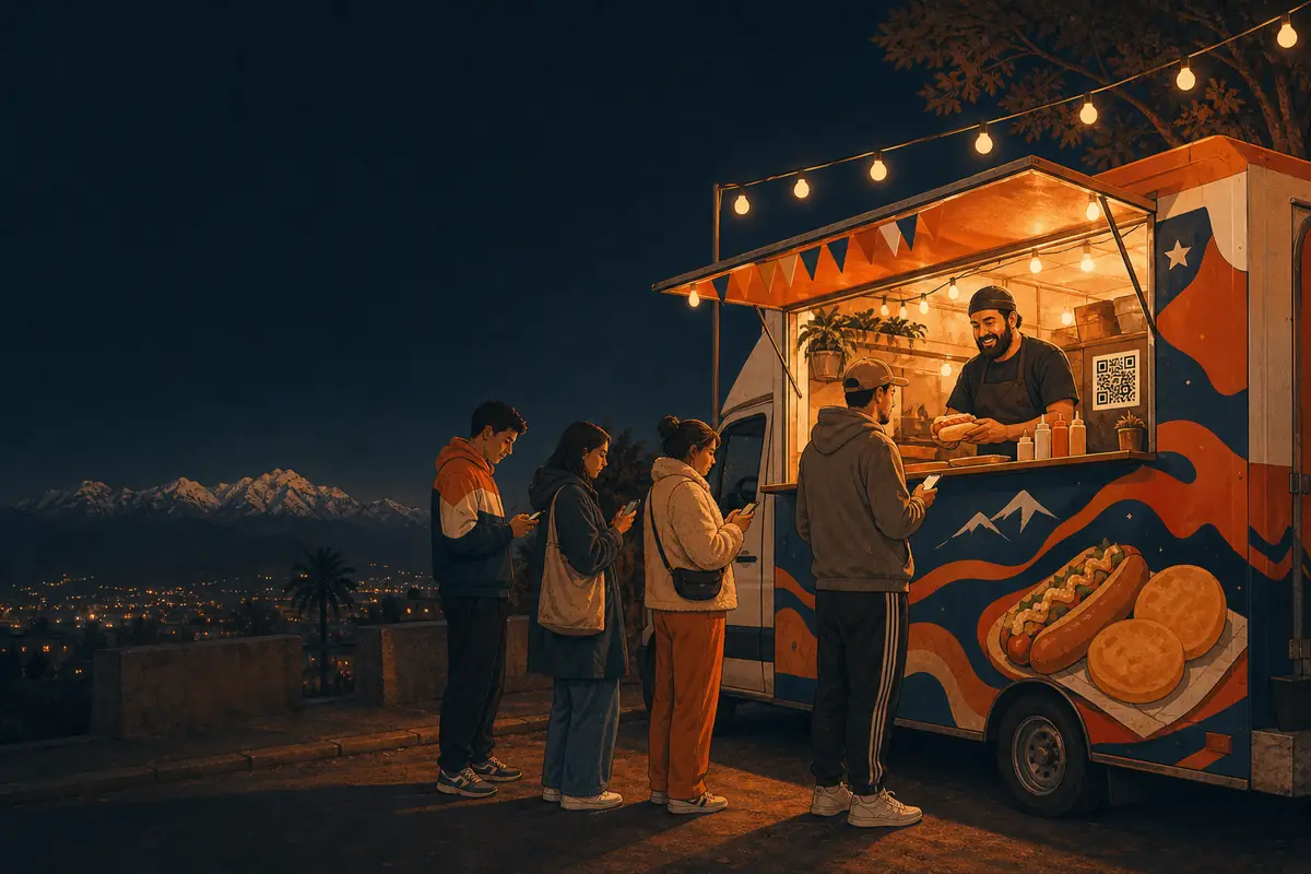 Un food truck chileno al atardecer con clientes pidiendo desde el celular