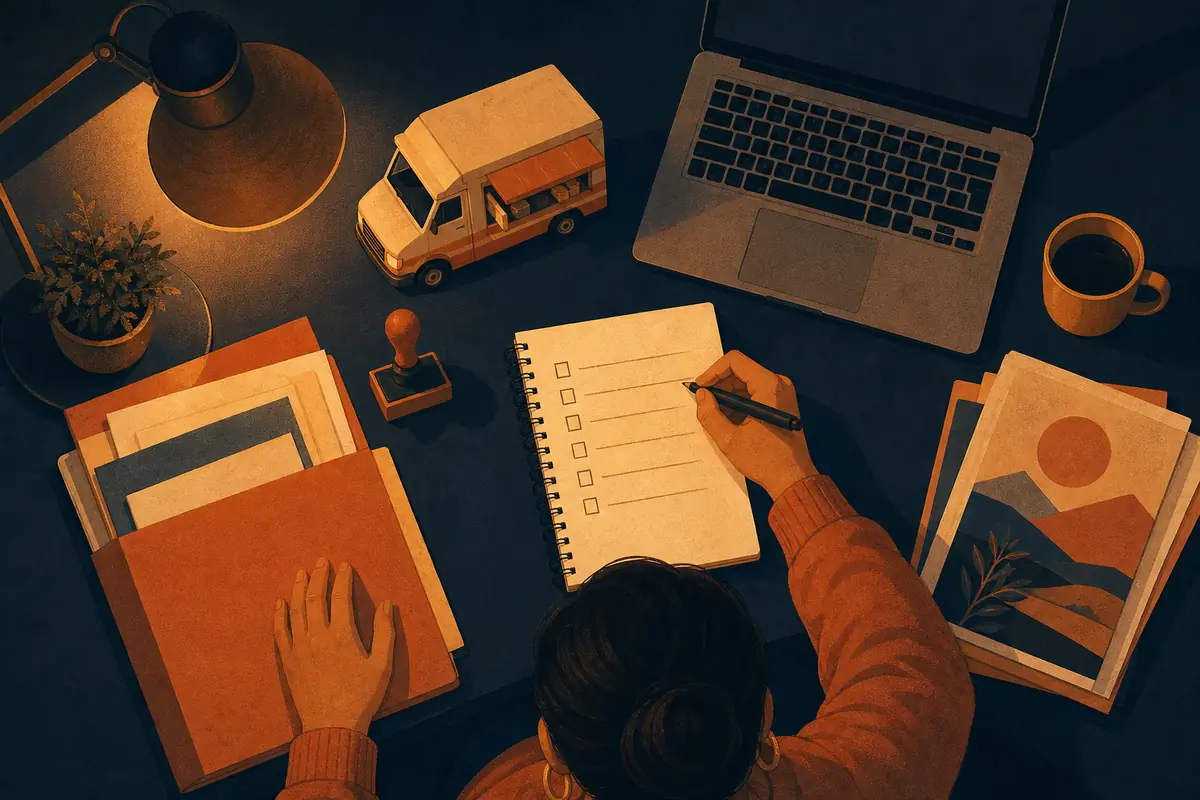 Escritorio con una lista de trámites, carpetas, un timbre y un food truck de juguete