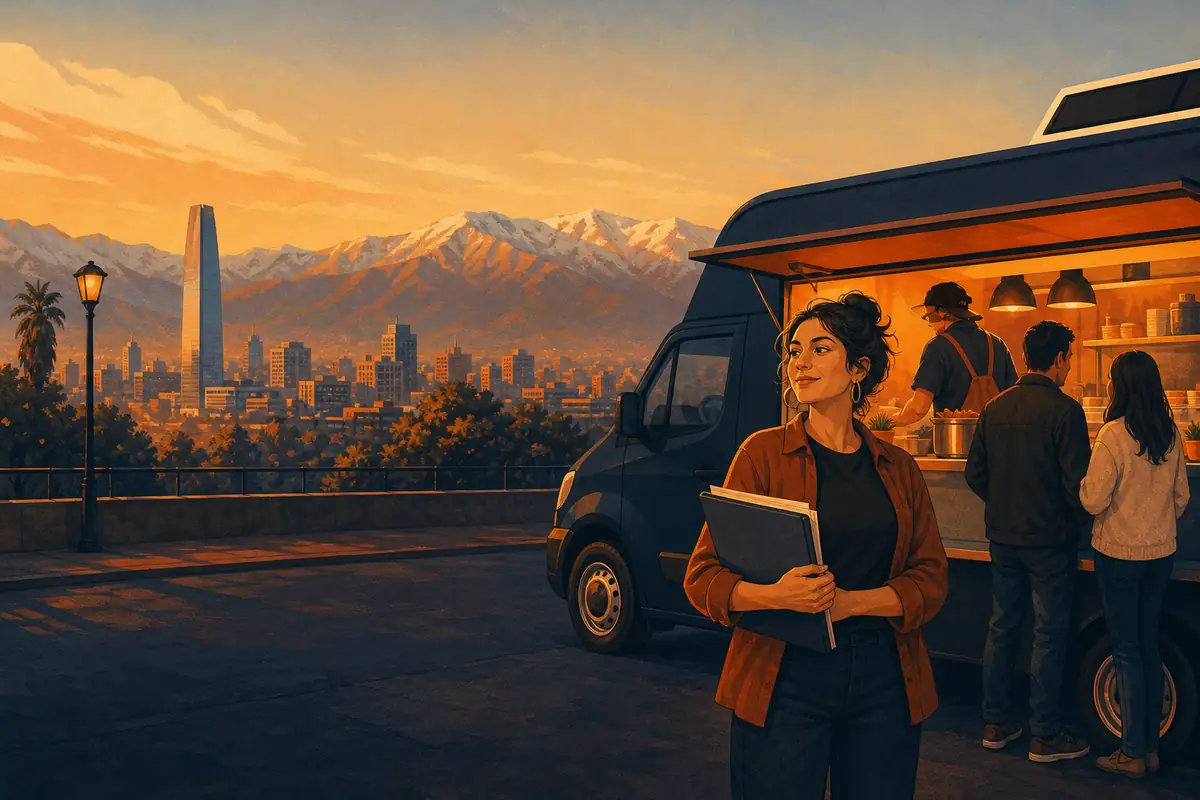 Una emprendedora frente a su food truck nuevo al amanecer, con Santiago y la cordillera detrás