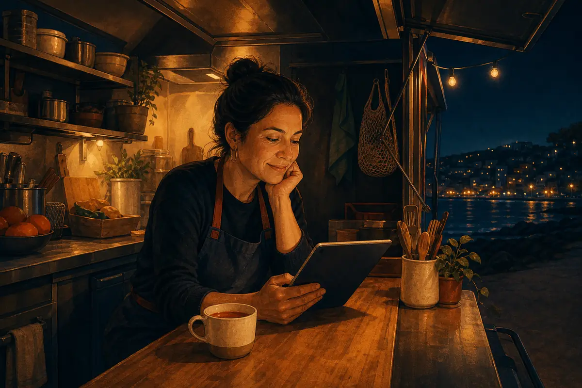 Al final del día, la dueña revisa tranquila las ventas en una tableta con una taza de té