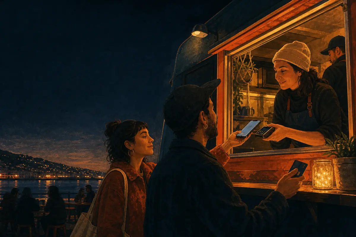 En la ventana de un food truck, una clienta paga con el celular y otro cliente con tarjeta