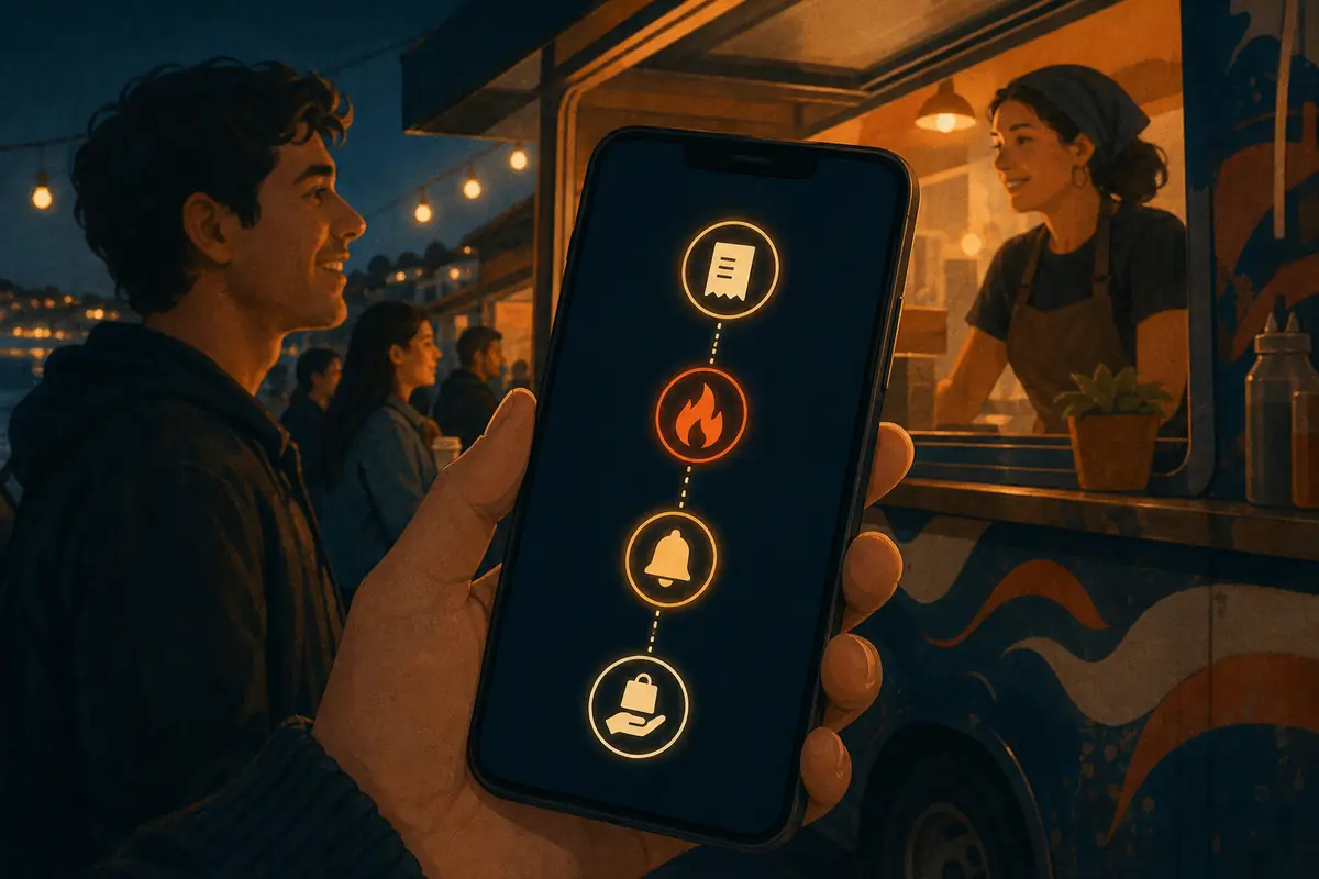Un cliente mira en su celular el avance de su pedido junto a un food truck