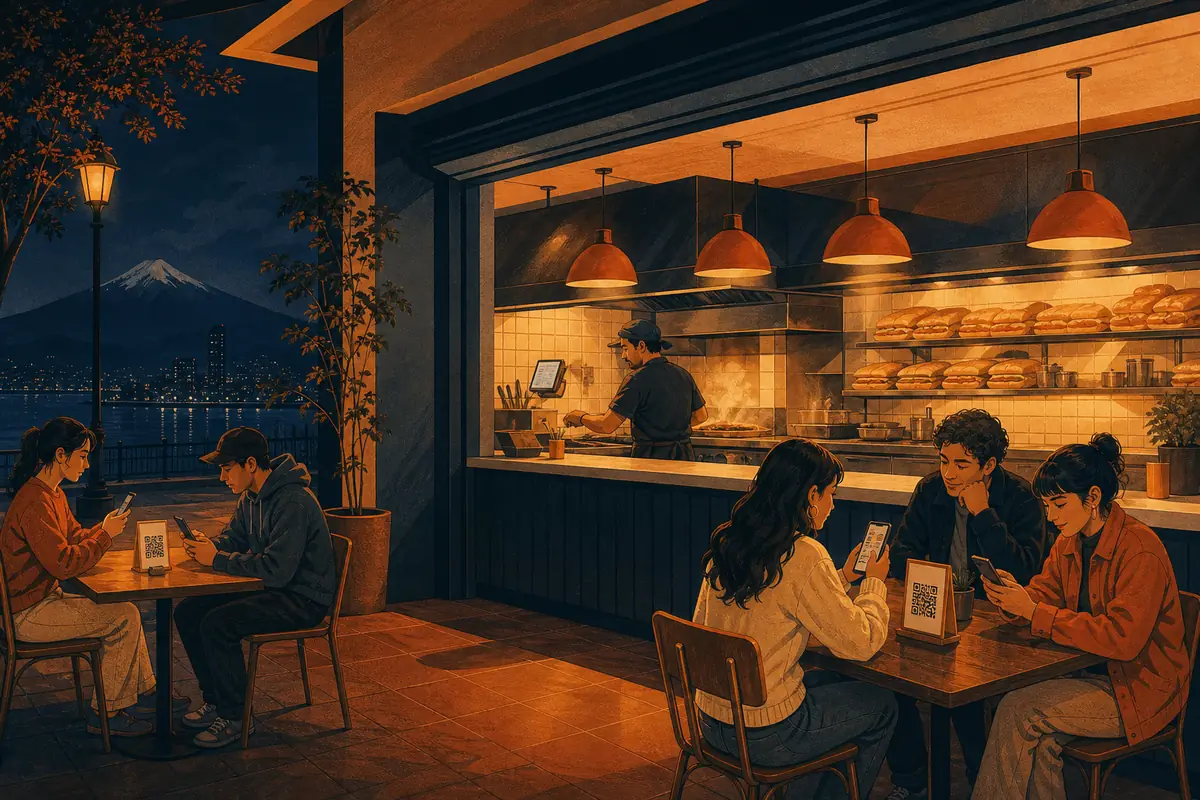 Clientes en un local de noche pidiendo desde el QR de la mesa mientras la cocina recibe los pedidos