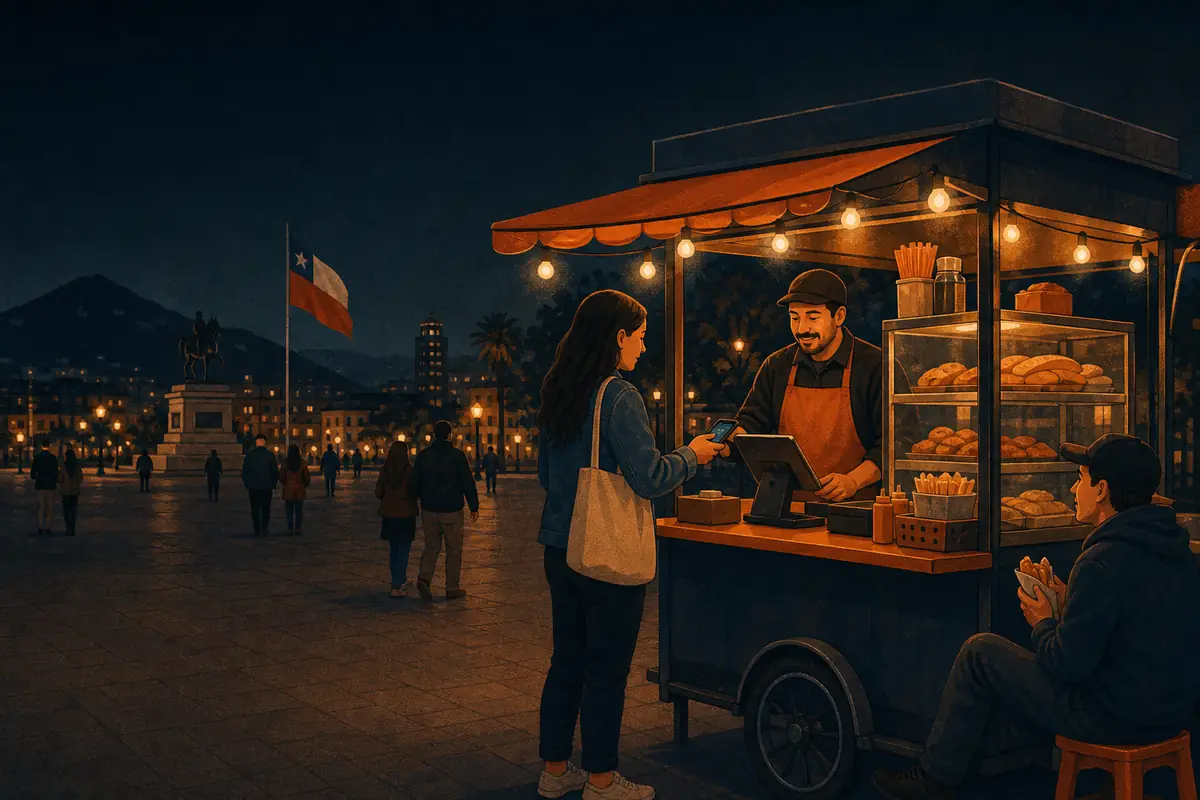 Un carrito de comida en una plaza al atardecer con una tableta como caja y un cliente pagando con el celular