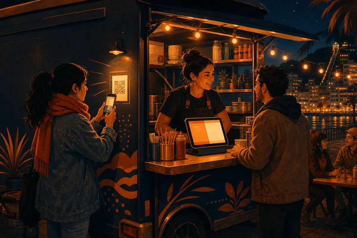 Un carrito de noche: un cliente pide por QR y otro paga en la caja, y todo aparece en la misma pantalla