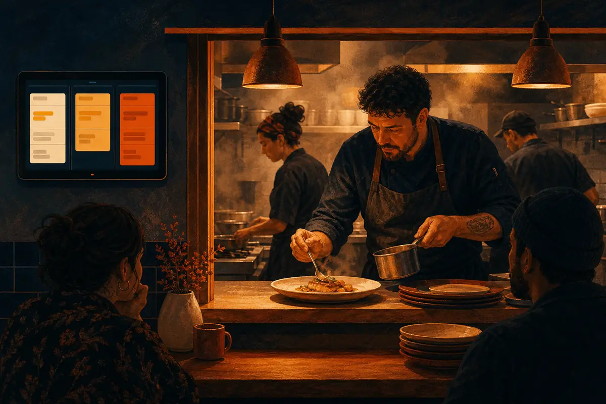 El pase de una cocina con una tableta que muestra las comandas en tres columnas