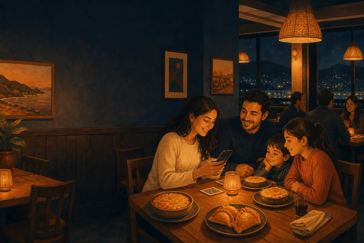 Un restaurante familiar de noche: una familia pide desde el QR de la mesa mientras llegan los platos