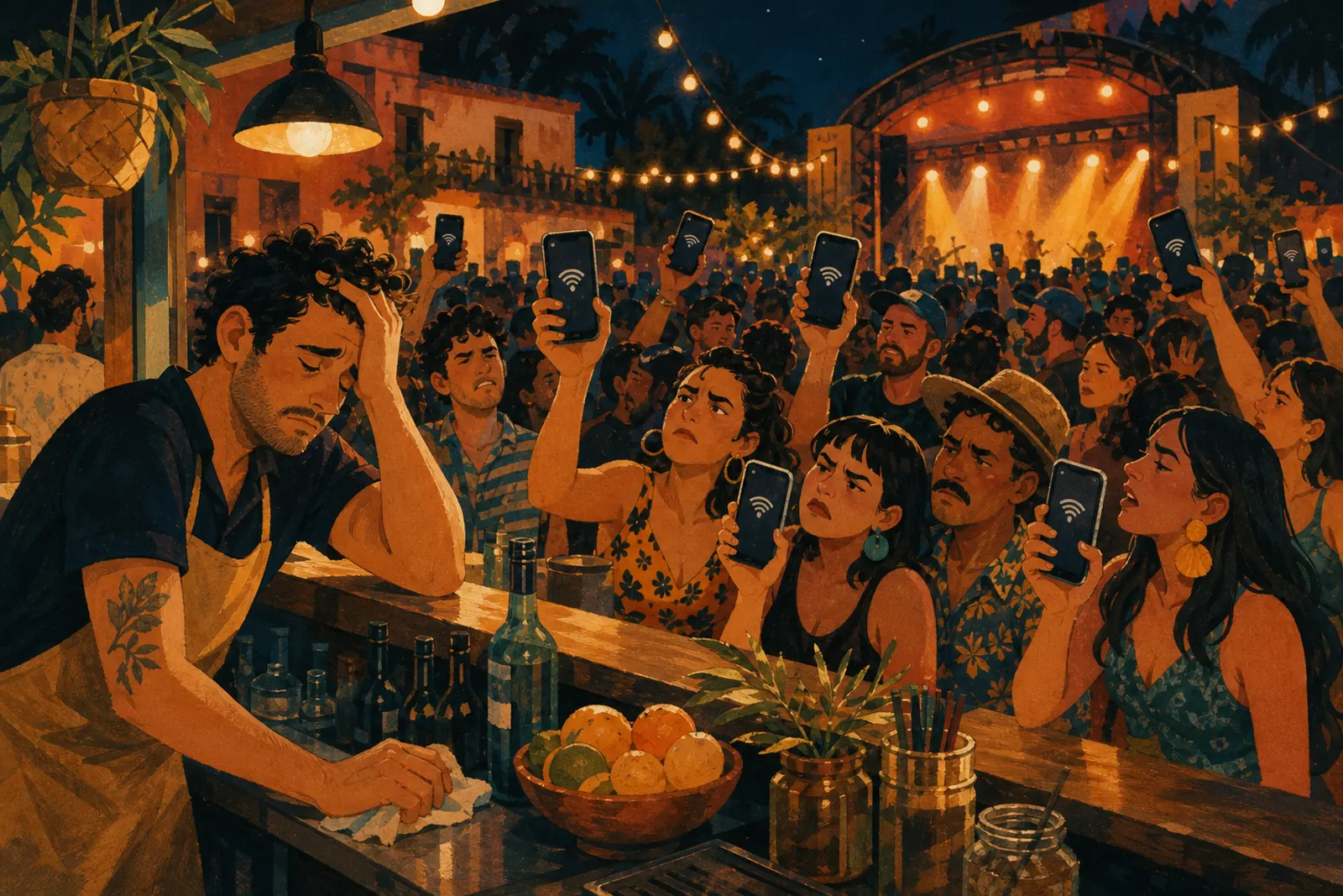 Ilustración de una multitud haciéndole señas a un barman cansado, con gente levantando celulares sin señal y el escenario brillando al fondo.