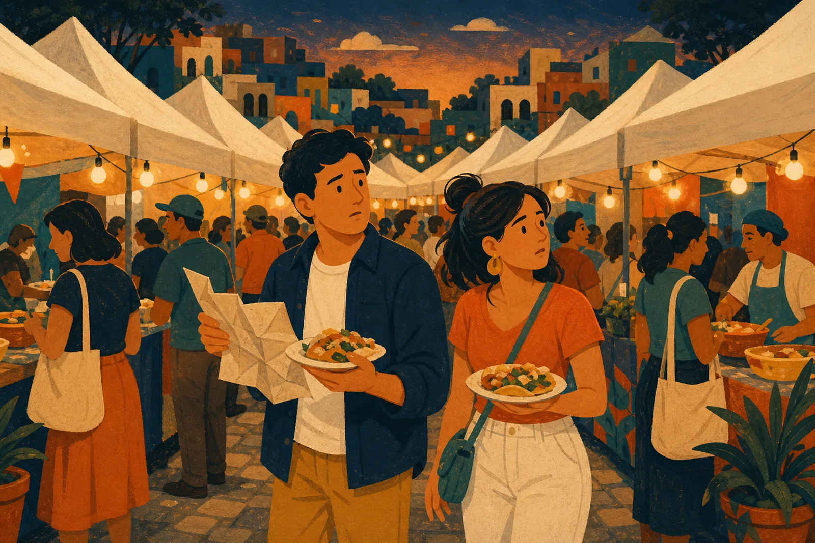 Ilustración de una pareja perdida entre pasillos de toldos blancos iguales, con un mapa de papel arrugado y platos en la mano.