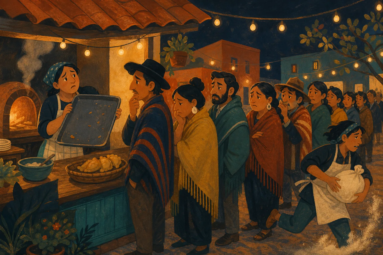 Ilustración de una cocinera mostrando una bandeja vacía a una fila larga de gente con ponchos, mientras un ayudante corre con un saco de harina.