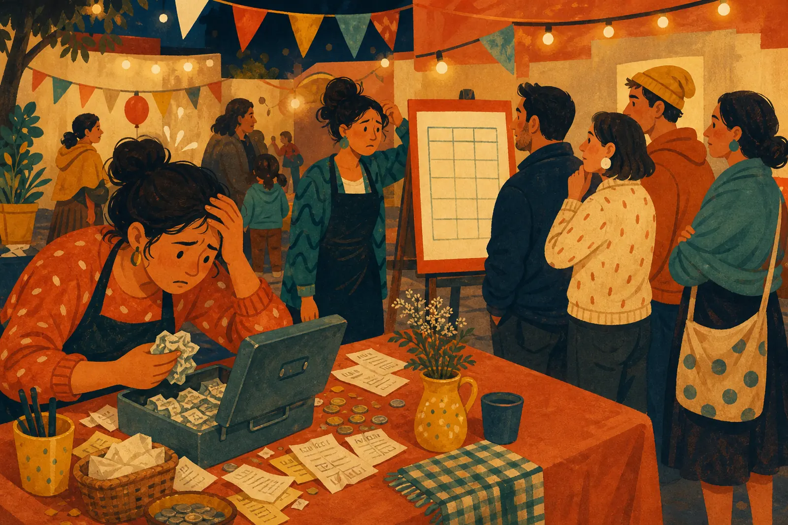 Ilustración de una apoderada agobiada contando billetes de una caja de lata, rodeada de papelitos, con un voluntario confundido frente a un tablero de turnos vacío.