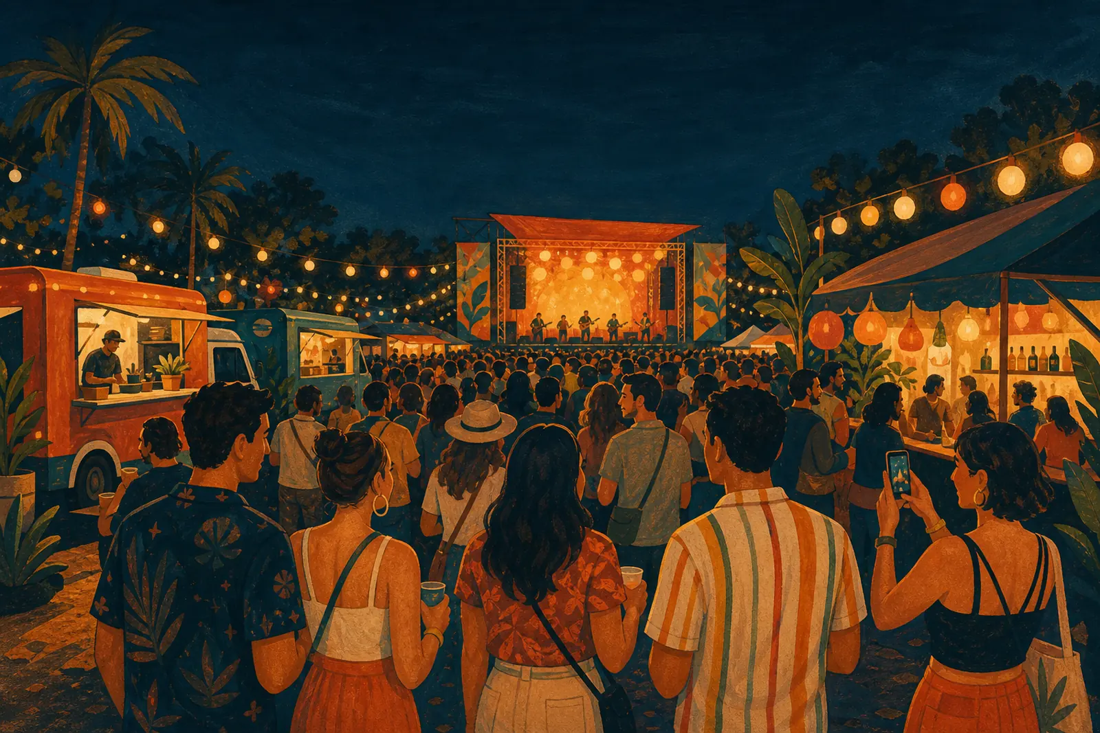 Ilustración de un festival de música de noche, con el escenario al fondo, food trucks y una barra a un costado.