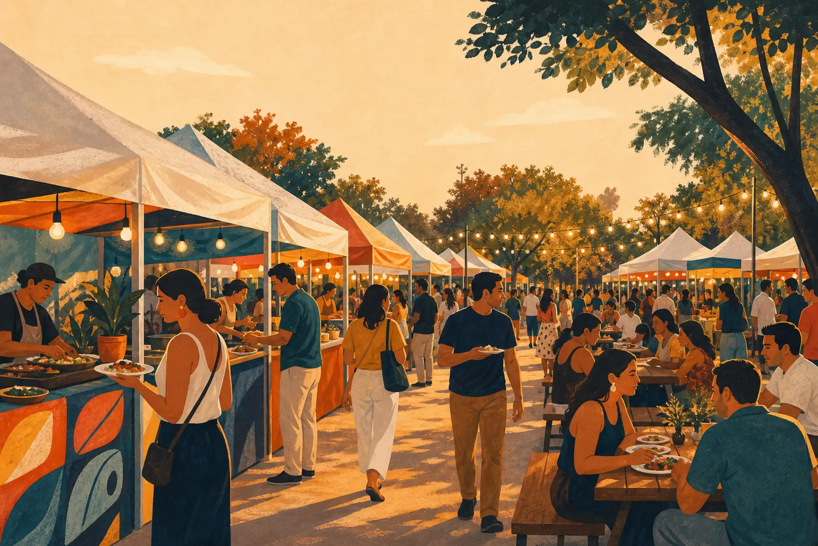 Ilustración de una feria gastronómica en un parque, con filas de toldos blancos y mesas compartidas.