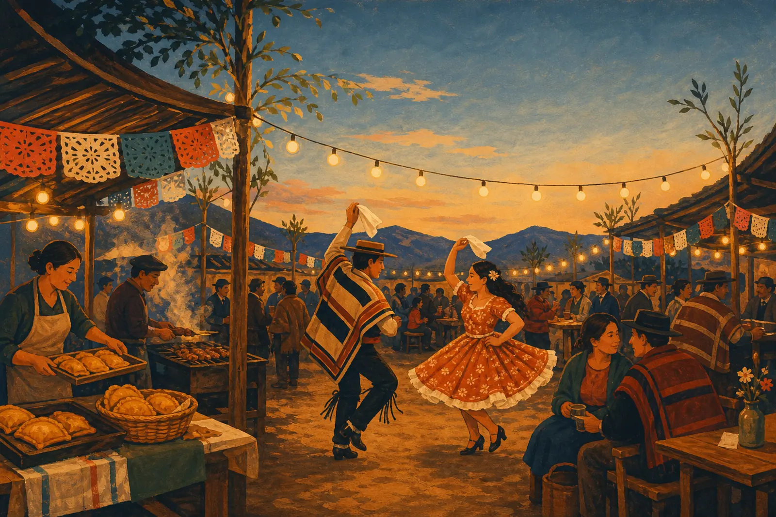 Ilustración de una fonda dieciochera, con ramadas, empanadas recién salidas y una pareja bailando cueca.