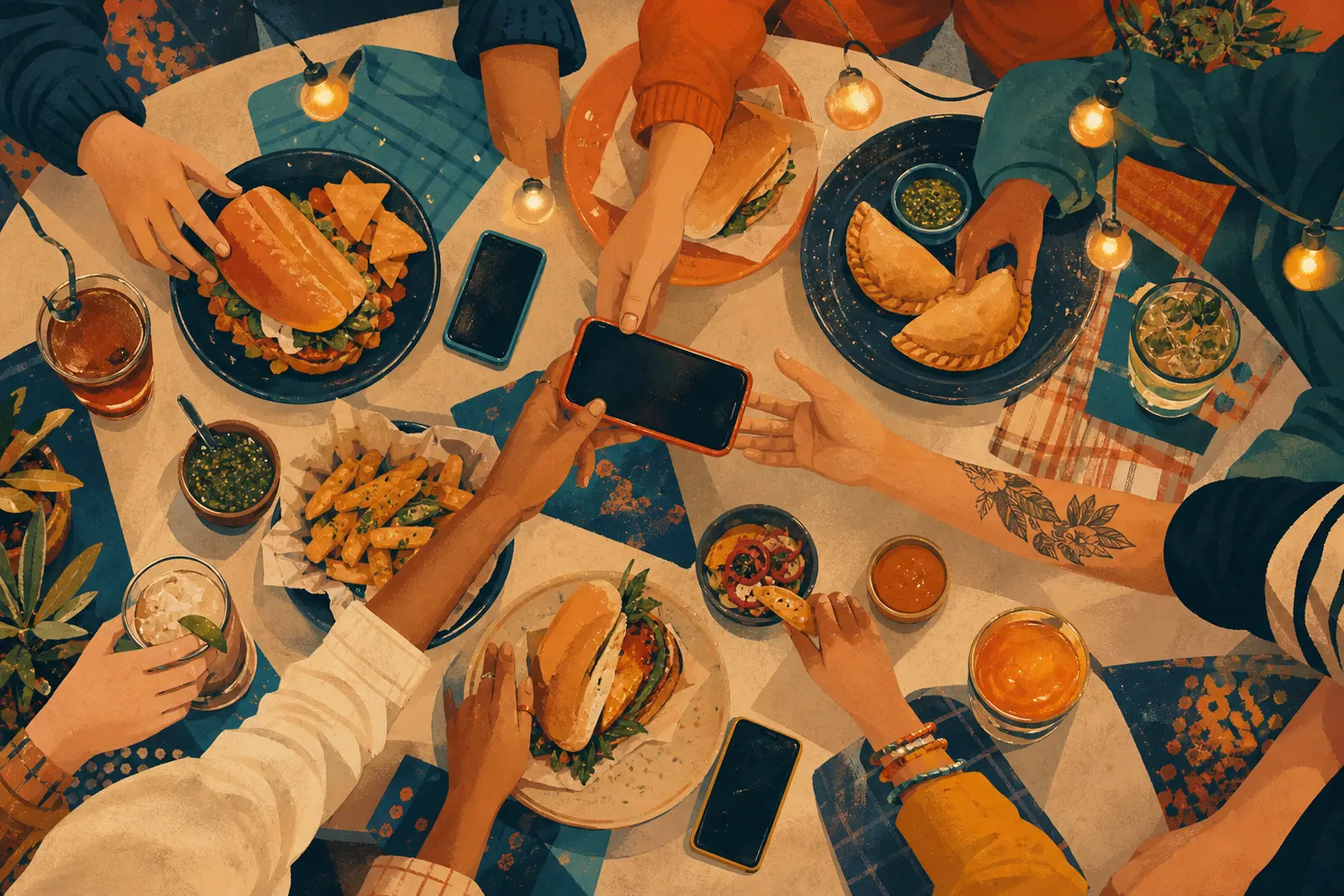 Ilustración vista desde arriba de una mesa compartida con platos, celulares y una mano pasándole el teléfono a otra.