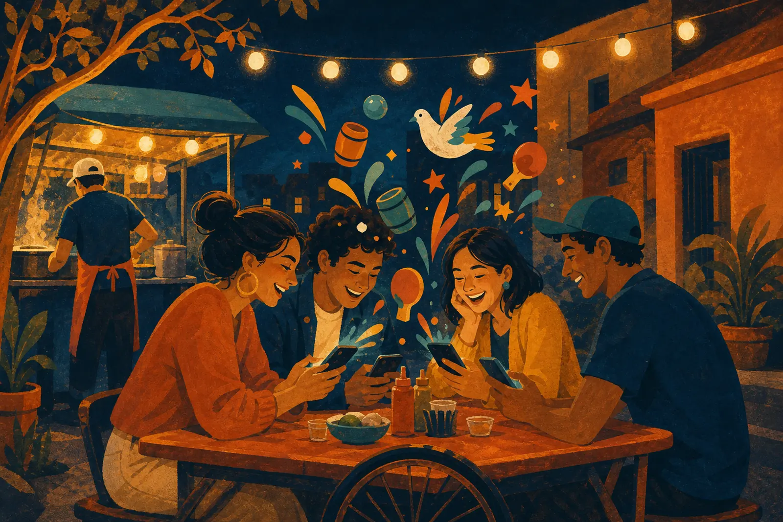 Ilustración de un grupo de amigos riéndose con sus celulares en la mesa de un carrito, con figuras de juegos flotando.