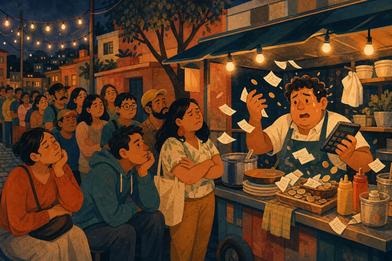Ilustración de una fila larga frente a un carrito, con el cocinero haciendo malabares con papelitos y monedas.