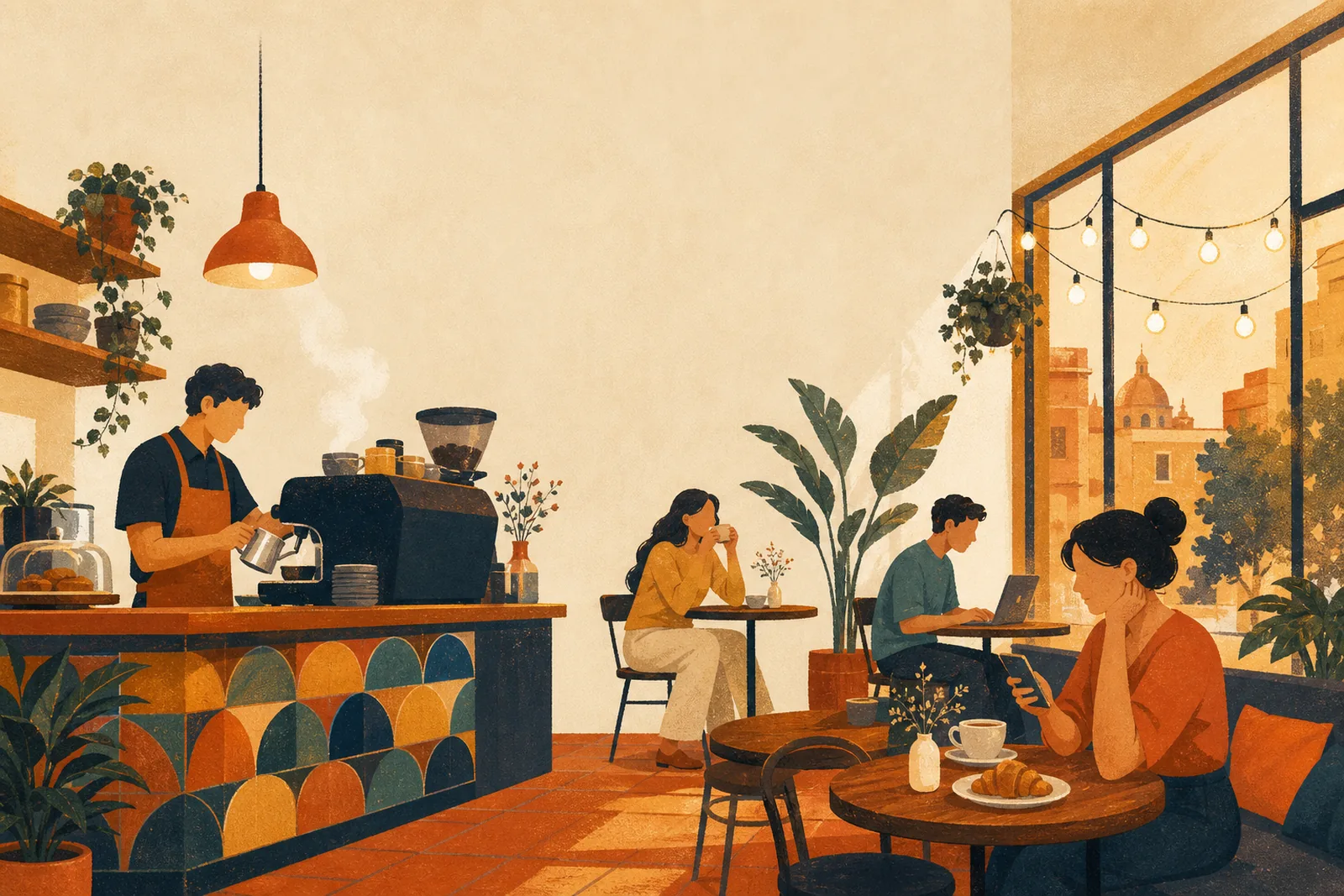 Ilustración de un café con luz de tarde, una barista en la máquina y clientes en mesas pequeñas.
