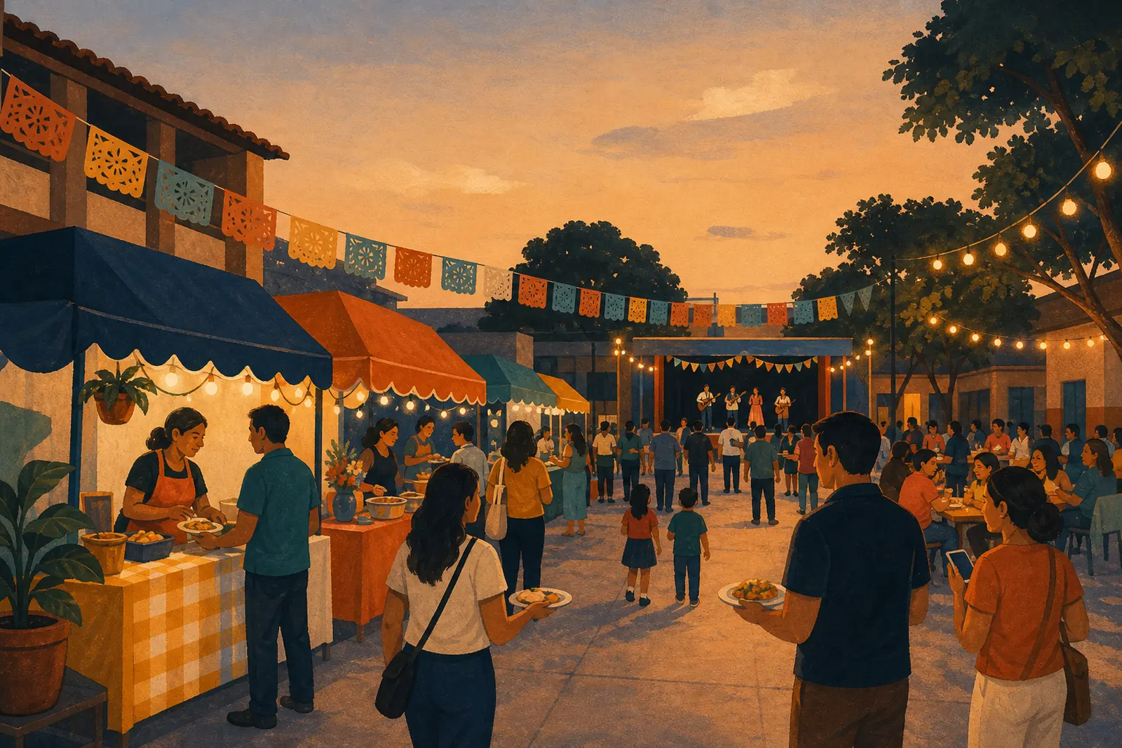 Ilustración de una kermés al atardecer, con puestos de comida, guirnaldas y gente caminando.