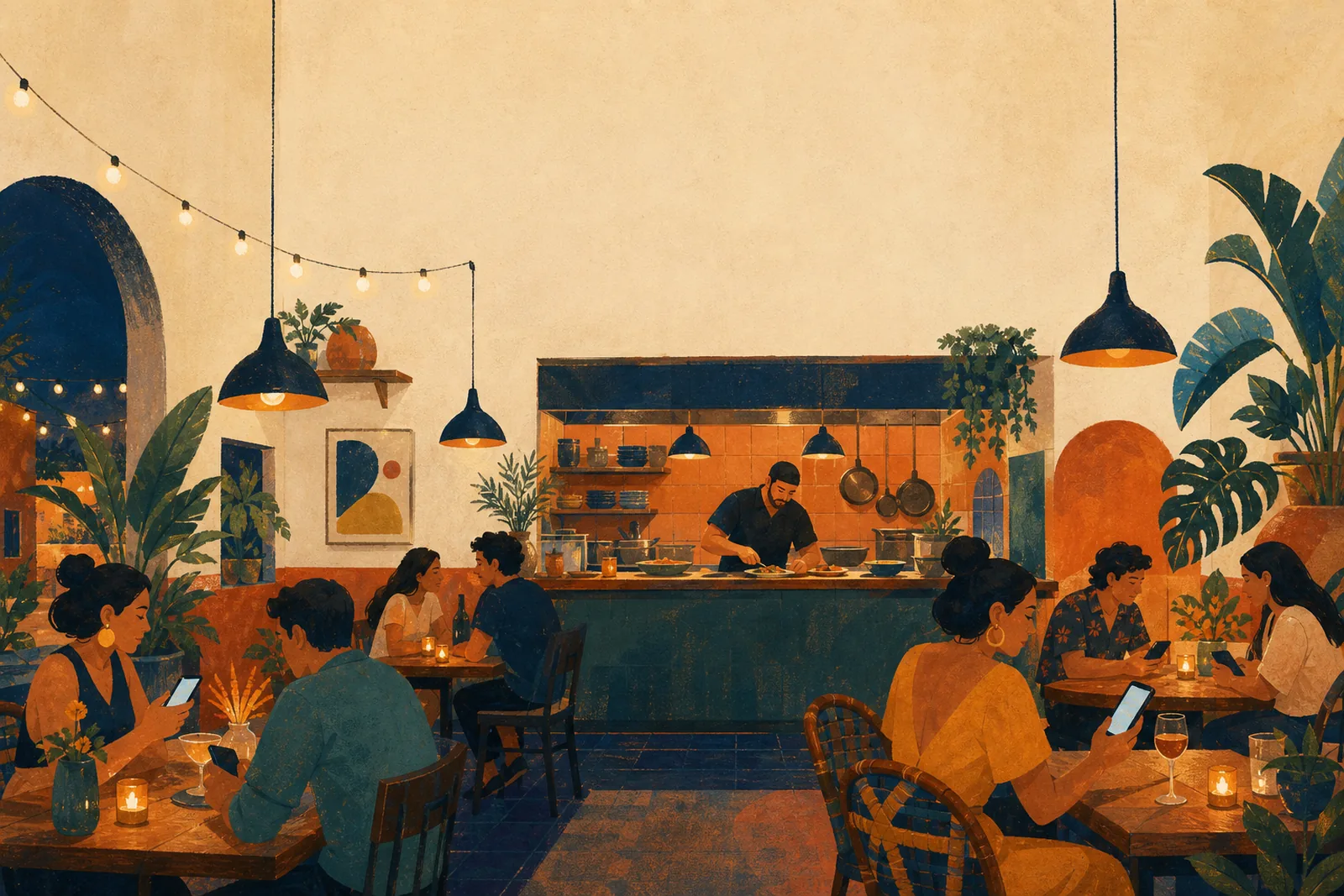Ilustración de un restaurante de barrio de noche, con mesas y la cocina abierta al fondo.